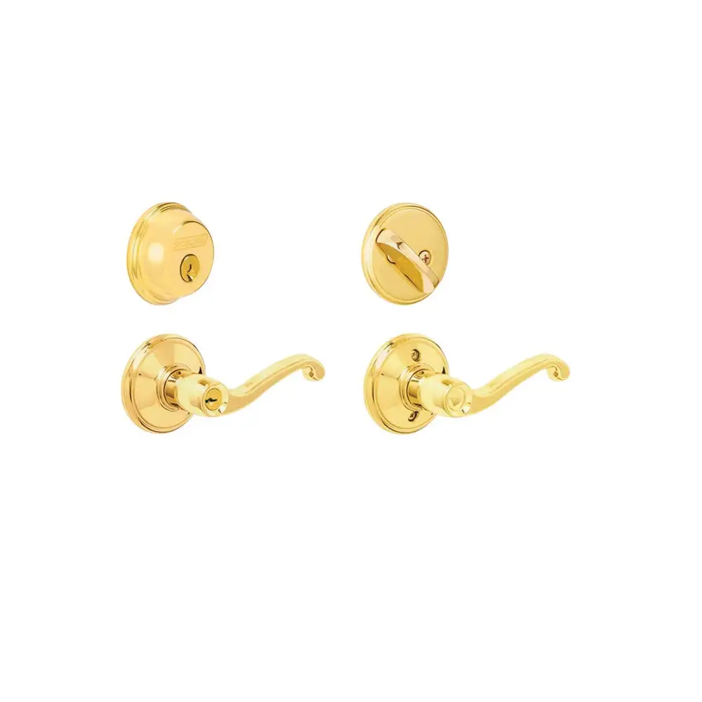 Schlage FB50NVFLA505 Bright Brass Single Cylinder Deadbolt and Lever Combo Pack