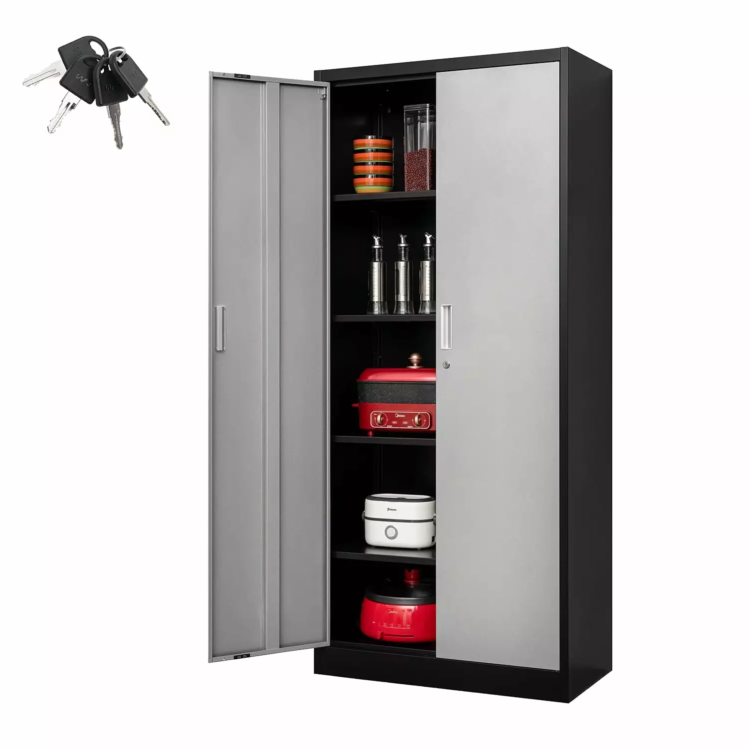 Metal Garage Storage Cabinet 71 Inch Steel Lockable File Cabinet 2 Doors 4 Shelves Black CJF