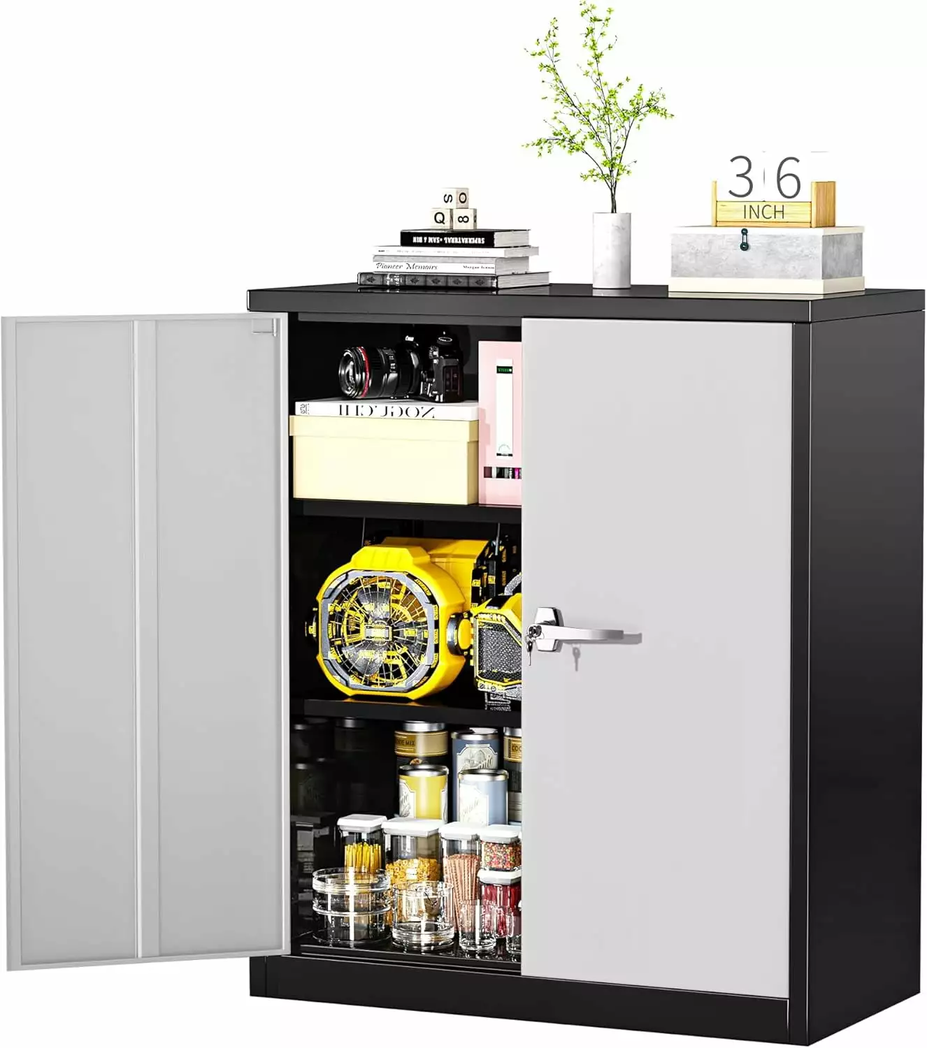 SHUIMINGXING 36 Inch Lockable Metal Storage Cabinet Black Grey Adjustable Shelves Garage Home School