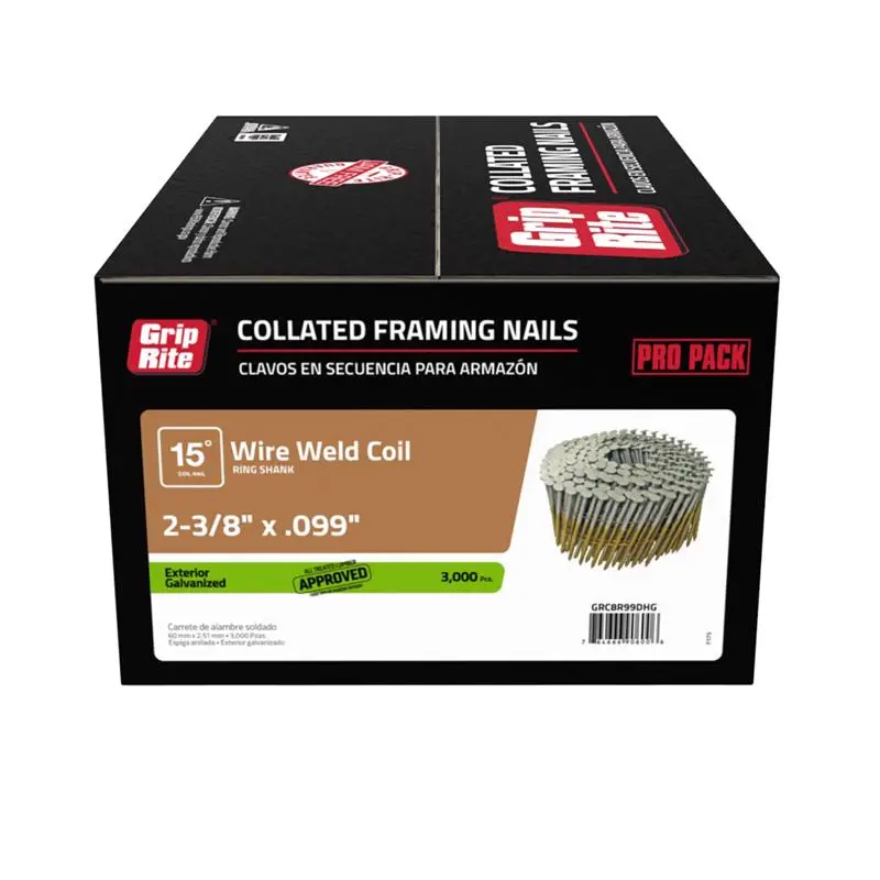 Grip-Rite 2-3/8 . L X 12 Ga. Angled Coil Hot-Dip Galvanized Framing Nails 15 deg 3000 Pack