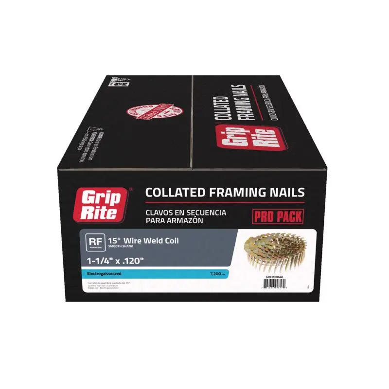 Grip-Rite 1-1/4 L x 11 Ga Angled Coil Electro Galvanized Roofing Nails 15 deg 7200 pk - Durable Roofing Fasteners