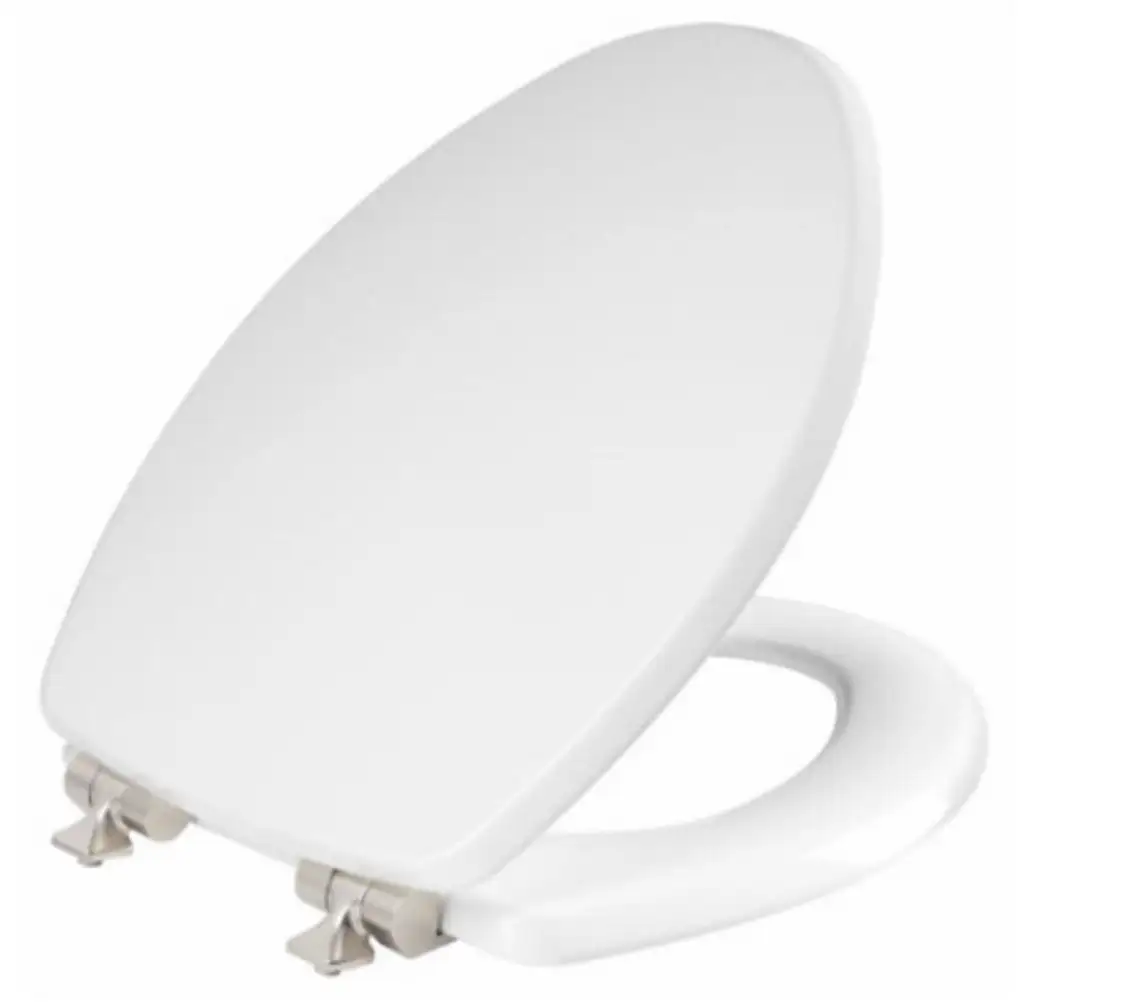 Mayfair 126NISLA 000 Elongated Molded Wood Toilet Seat White Brushed Nickel Hinge